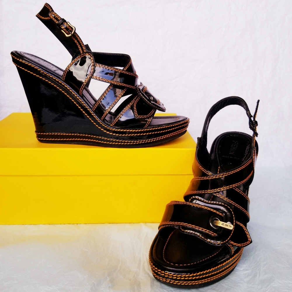 Fendi Patent Leather Wedge Sandals